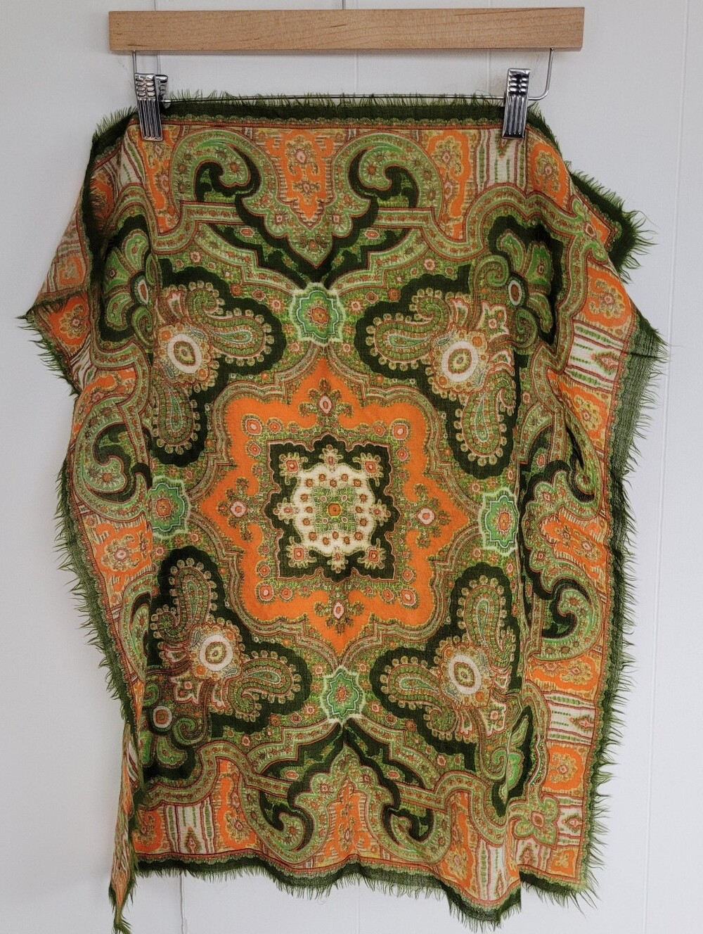 Green & Orange Vintage Wool Paisley Scarf